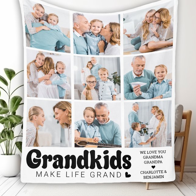 Grandkids Make Life Grand Custom 8 Photo Collage Fleece Blanket (Creator Uploaded)