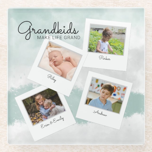 Grandkids Make Life Grand Grandchildren Photo Glass Coaster (Front)
