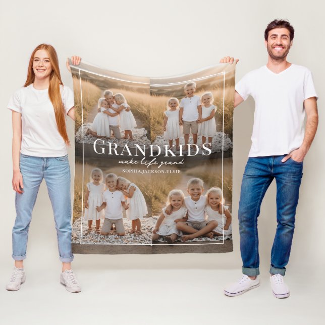 Grandkids Make Life Grand Grandparent Gift Photo Fleece Blanket (In Situ)