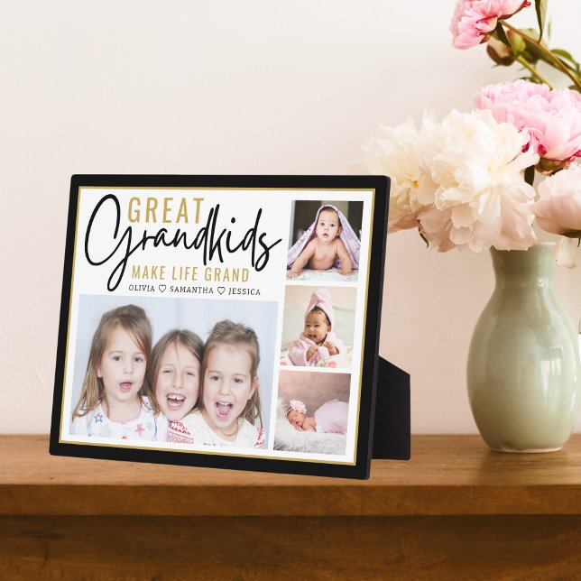 Grandkids Make Life Grand Grandparents 4 Photo    Plaque (Grandkids Make Life Grand Grandparents 4 Photo Plaque-Gift for Great Grandma And Great Grandpa)