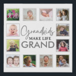 Grandkids Make Life Grand Grey 12 Photo Collage   Faux Canvas Print<br><div class="desc">A modern faux canvas art with a beautiful quote "Grandkids make life grand".Personalise with 12 family photos to make it a memorable keepsake gift for grandparents.</div>