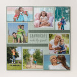 Grandkids Make Life Grand Photo Collage Square Jigsaw Puzzle<br><div class="desc">Create your own unique photo puzzle with 8 of your favourite pictures. The wording in the centre is hand lettered and reads "Grandkids make life grand" which makes this a wonderful gift for your nana, grandad, grandparents or grandchildren. The photo template is set up ready for you to add your...</div>