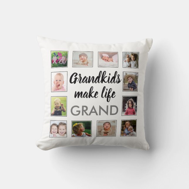 Grandkids Make Life Grand Quote 12 Photo Collage   Cushion (Front)