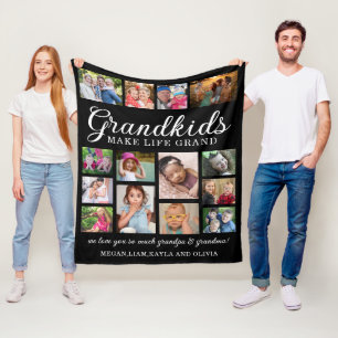 Grandkids Make Life Grand Quote 14 Photo Black  Fleece Blanket