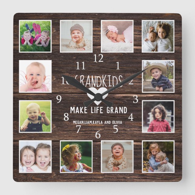 Grandkids Make Life Grand Quote Photo Collage Wood Square Wall Clock (Front)