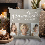 Grandkids Make Life Grand with 3 Photos Cushion<br><div class="desc">A thoughtful gift the grandparents will treasure, this personalised pillow design features a 3-photo template to personalise with photos of the grandchildren. A combination of modern handwritten script combined with a modern sans serif font spell out "grandkids make life grand!" The background is a neutral taupe beige that has a...</div>