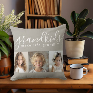 Grandkids Make Life Grand with 3 Photos Cushion