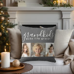 Grandkids Make Life Grand with 3 Photos Cushion<br><div class="desc">A thoughtful gift the grandparents will treasure, this personalised pillow design features a 3-photo template to personalise with photos of the grandchildren. A combination of modern handwritten script combined with a modern sans serif font spell out "grandkids make life grand!" The background is a trendy charcoal grey that has a...</div>