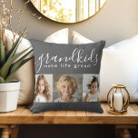 Grandkids Make Life Grand with 3 Photos Cushion<br><div class="desc">A thoughtful gift the grandparents will treasure, this personalised pillow design features a 3-photo template to personalise with photos of the grandchildren. A combination of modern handwritten script combined with a modern sans serif font spell out "grandkids make life grand!" The background is a trendy charcoal grey that has a...</div>