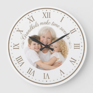 Grandkids Make Time Sweeter Tan Roman Numeral Phot Large Clock