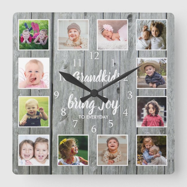 Grandkids Quote 12 Photo Collage Rustic Gray Wood Square Wall Clock (Front)