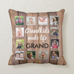 Grandkids Quote Rustic Wood 12 Photo Collage Cushion