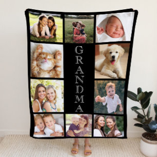 Grandma 10 Photo Collage Black Sherpa Blanket