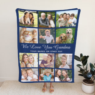 Grandma 12 Photo Collage Blue Fleece Blanket