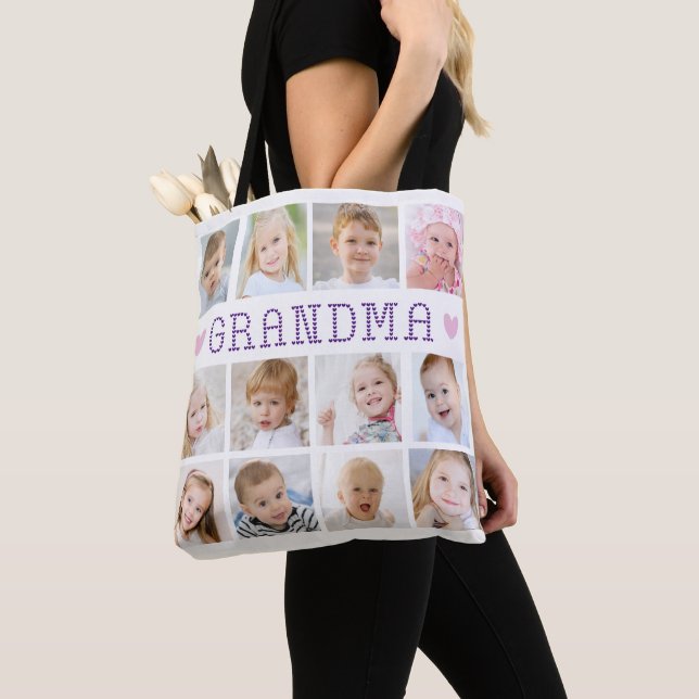 Grandma 12 Photo Collage Hearts Custom Colours Tote Bag (Close Up)