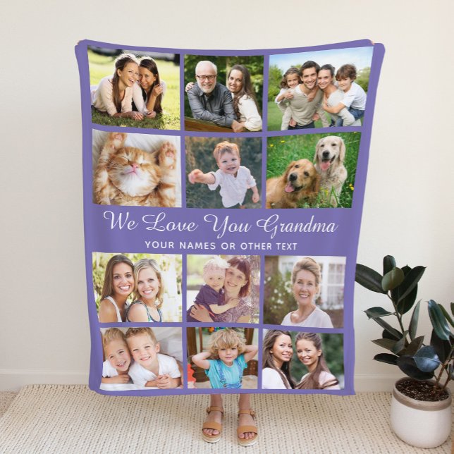 Grandma 12 Photo Collage Purple Fleece Blanket (Creator Uploaded)
