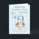 Grandma 1st Mother's Day  Penguin Blue Card<br><div class="desc">A cute and sweet Penguin design 1st Mother's Day Holiday Card featuring a baby boy penguin holding a blue balloon whilst sitting on a cloud witha pale blue background, A lovely card to send to new grandmas, nannas, nana, nan or any grandmother for their first mothers day as a grandparent...</div>