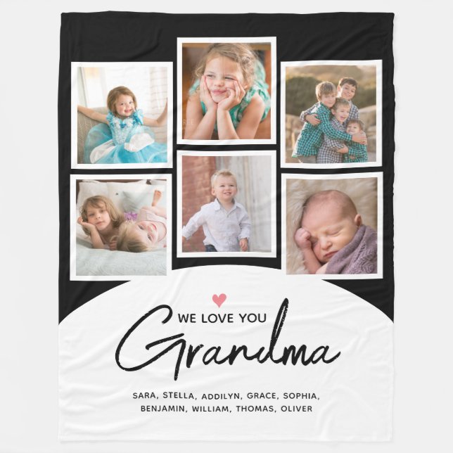 Grandma 6 Photo Collage Script Black Fleece Blanket (Front)