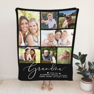 Grandma 7 Photo Collage Black Fleece Blanket