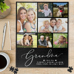 Grandma 7 Photo Collage Black Jigsaw Puzzle<br><div class="desc">A fun keepsake black jigsaw puzzle for the best grandma in the world featuring "Grandma" in an elegant white script,  a 7 photo collage of her family and their names in modern white typography.</div>