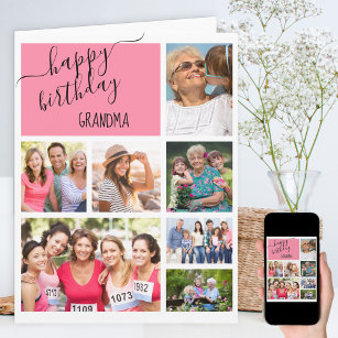 Grandma 7 Photo Collage Pink Personalised Birthday Card