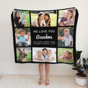 Grandma 8 Photo Collage Black Fleece Blanket