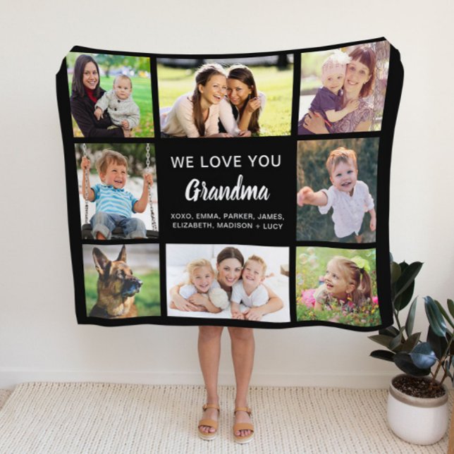 Grandma 8 Photo Collage Black Fleece Blanket (Creator Uploaded)