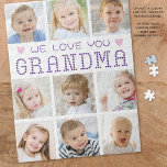 Grandma 9 Photo Collage Hearts Custom Colours Jigsaw Puzzle<br><div class="desc">Create a special activity gift and keepsake for the proud Grandma that showcases her grandchild's or grandchildren and family pictures with a custom, personalised jigsaw puzzle featuring an easy-to-upload photo collage template with 9 pictures and the title WE LOVE YOU GRANDMA spelled out with hearts in your choice of colours...</div>
