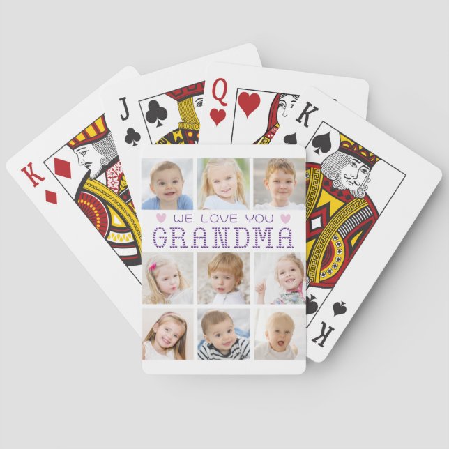 Grandma 9 Photo Collage Hearts Custom Colours Playing Cards (Back)