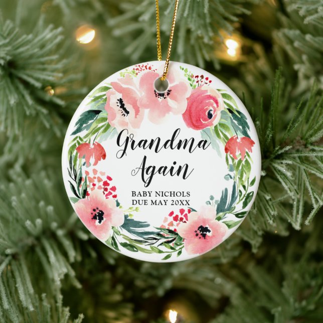Grandma Again 2nd Baby Personalized Floral Wreath Ceramic Ornament (Tree)
