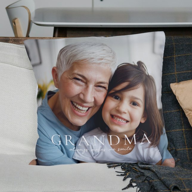 Grandma Always Makes Me Smile Rustic Floral Photo Cushion (Grandma Always Makes Me Smile Rustic Floral Photo Throw Pillow)