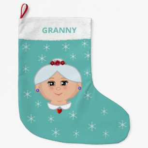 Grandma and Snowflakes on Light Teal Large Christmas Stocking