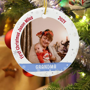 Grandma Baby Personalised First Christmas Photo  Ceramic Ornament