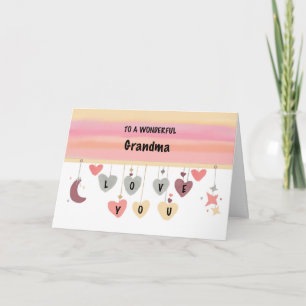 Grandma Birthday Love Watercolor Hearts Moon Stars Card