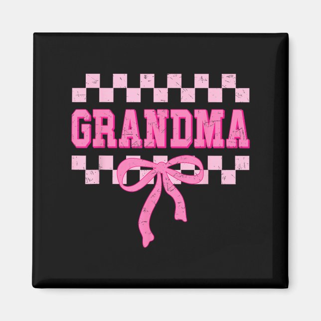 Grandma Birthday Squad Matching Pink Bow Chequered Magnet (Front)