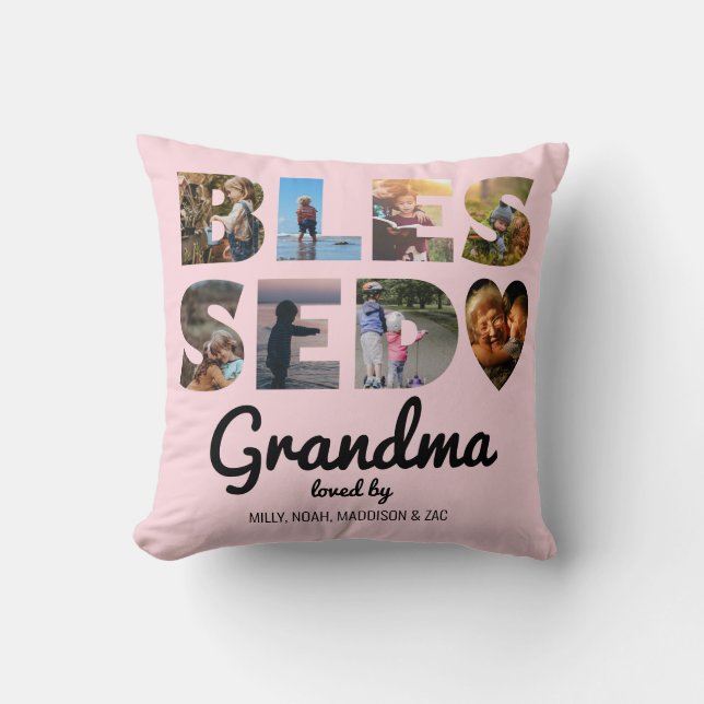 Grandma Blessed Photo Collage Personalised Pink Cushion (Front)