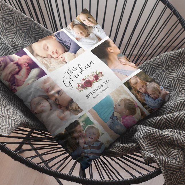 Grandma Burgundy Floral Family Photo Throw Pillow (Creator Uploaded)