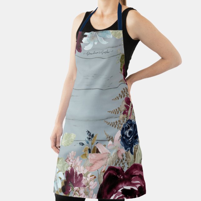 Grandma Burgundy Floral Pink Peony Dusty Blue Wood Apron (Insitu)