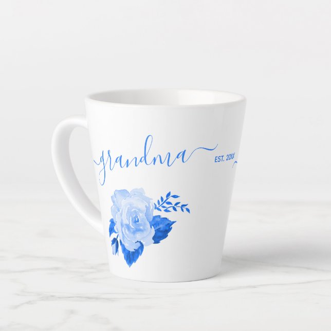 Grandma China Blue Watercolor Rose Latte Mug (Left Angle)