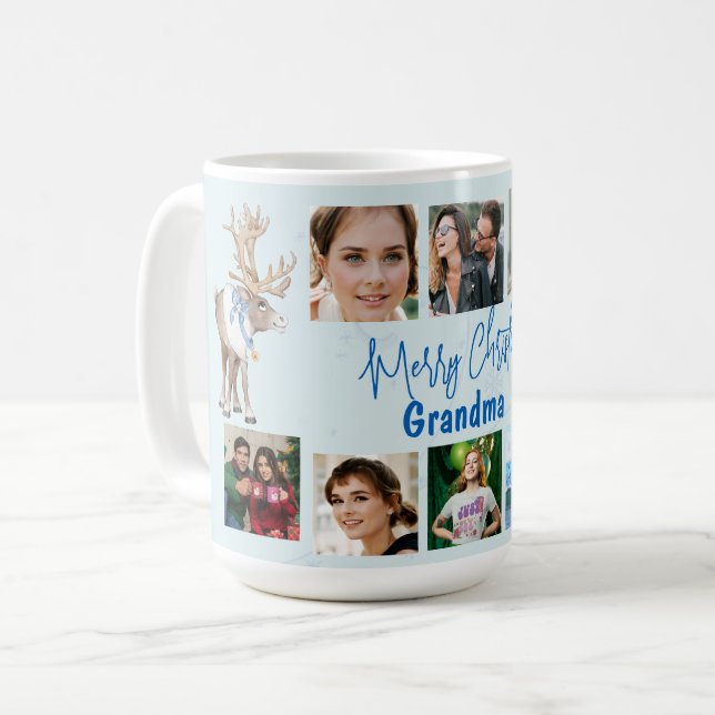 Grandma Christmas Family Photo Collage Blue Deer Coffee Mug (Front Left)