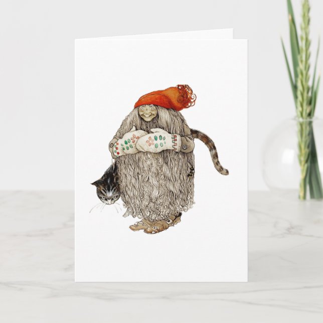 Grandma Christmas Tomten with Grey Cat Holiday Card (Front)