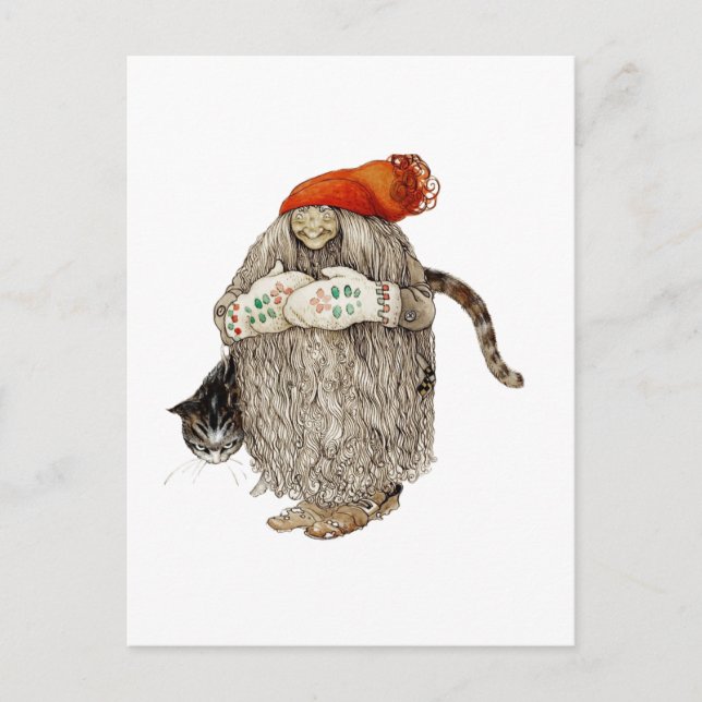 Grandma Christmas Tomten with Grey Cat Holiday Postcard (Front)