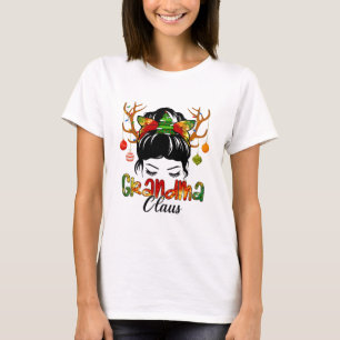 Grandma Claus Messy Bun Wink Eyes Christmas Decora T-Shirt