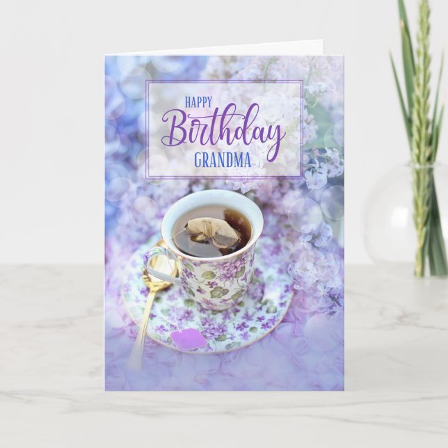 Grandma Cup of Tea and Purple Flowers Birthday Card (Front)