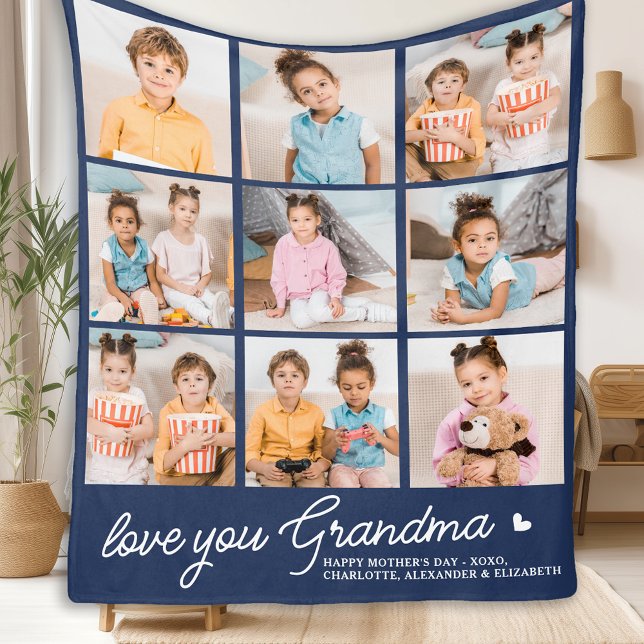 Grandma Custom Modern Navy Blue 9 Photo Collage  Fleece Blanket (Creator Uploaded)