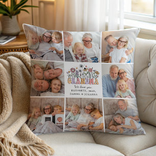 Grandma Cute Retro Whimsical Flowers Photo Collage Cushion