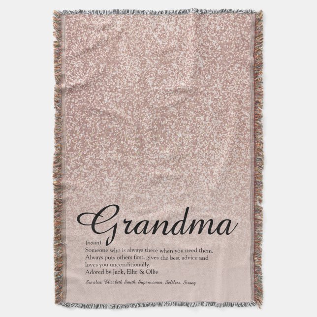 Grandma Definition Script Rose Gold Glitter Throw Blanket (Front Vertical)