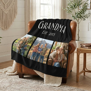 Grandma Est. Established Year Custom Name 3 Photo Fleece Blanket