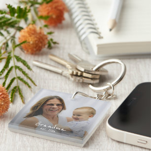 Grandma Est. white script 3 photo Key Ring