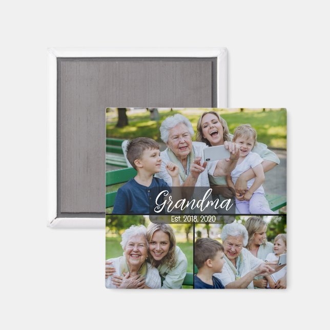 Grandma Est. White script 3 photo Magnet (Front/Back)